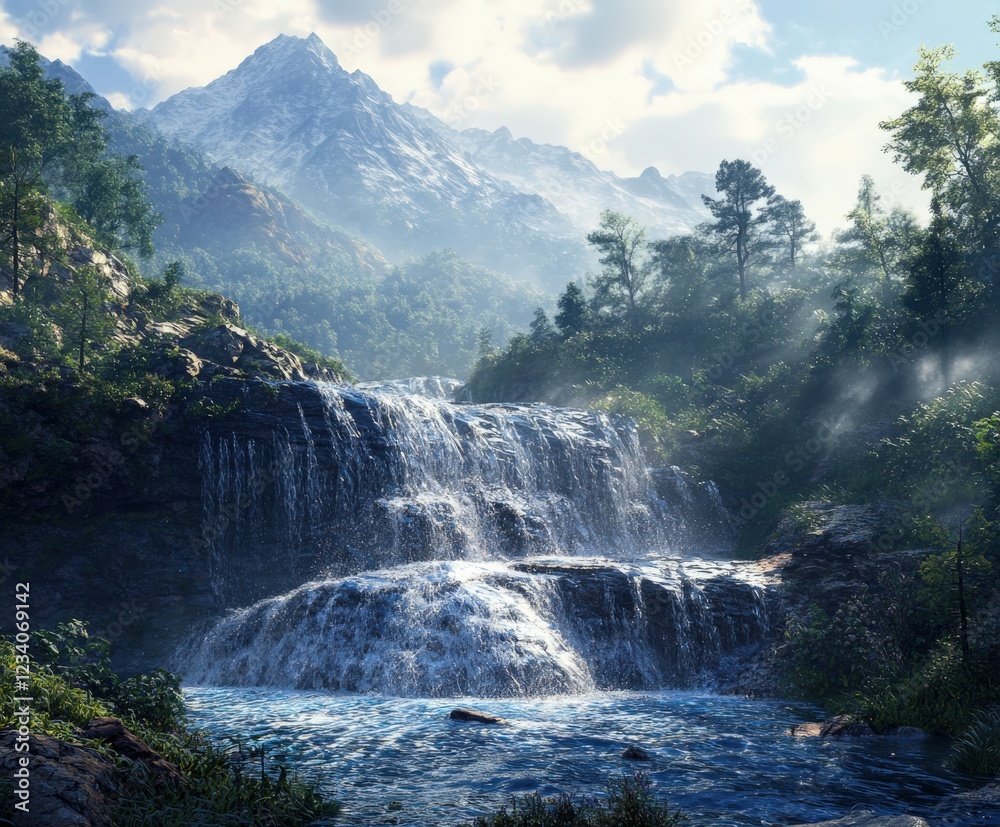 Fototapeta premium Majestic waterfall cascading in a serene mountain landscape