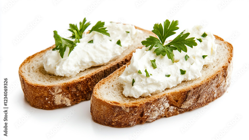 Top view of Slice of bread with cream cheese isolated on white background Top view of Slice of bread with cream cheese isolated on white background