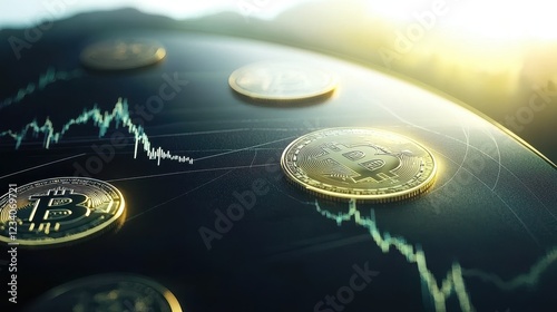Golden Bitcoin Coins on a Background with Graphs