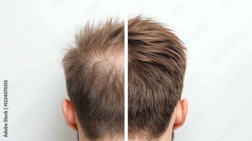 Fototapeta premium Before and after hair restoration on a man's head, showcasing improved hair density and coverage.