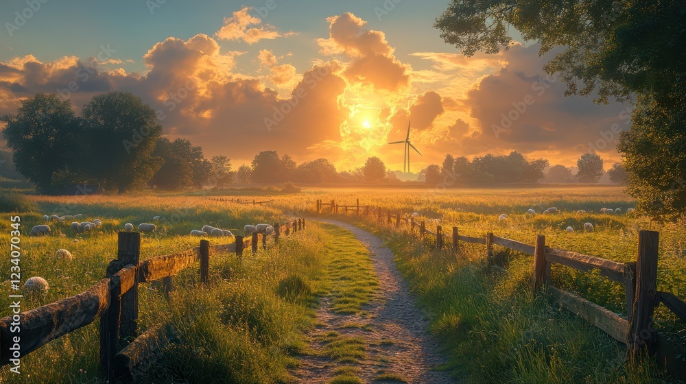 Obraz premium Golden Hour Serenity: A Rustic Path Through a Sheep-Grazed Meadow at Sunset