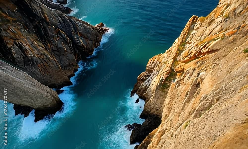 Coastal cliffs, ocean waves crashing, aerial view, sunrise