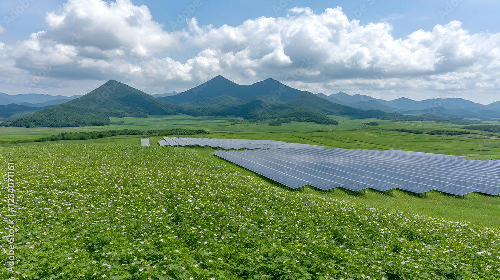 Solar farm in mountain valley, renewable energy