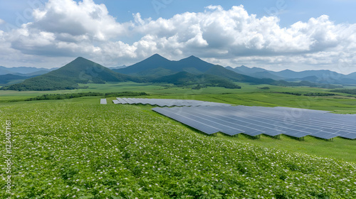 Solar farm in mountain valley, renewable energy