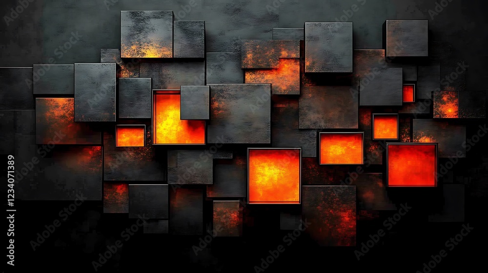 Fototapeta premium Abstract Dark Metal Cubes Glowing Orange Interior