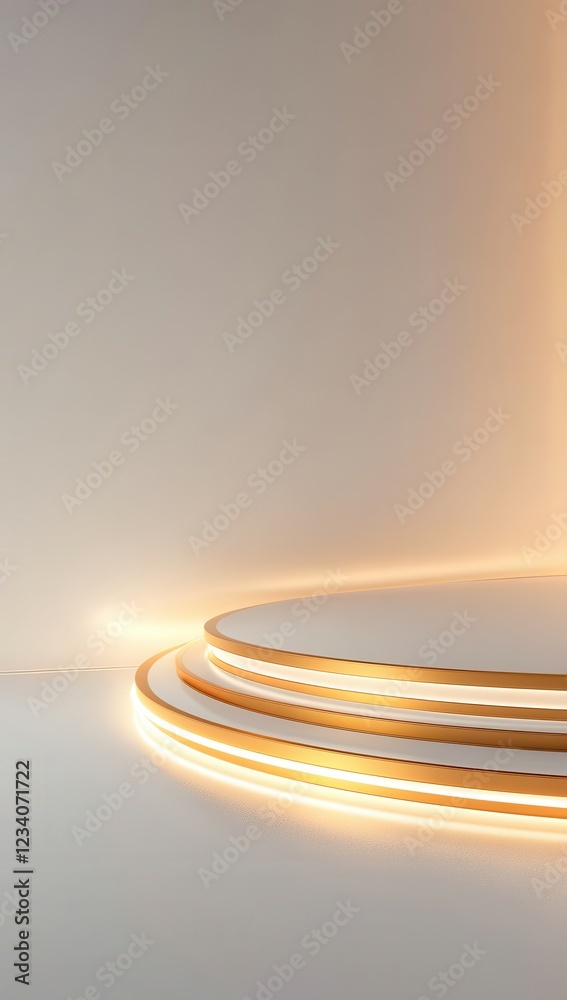 Obraz premium Elegant White and Gold Illuminated Podium for Product Display Enhances Brand Presentation and Visual Appeal.