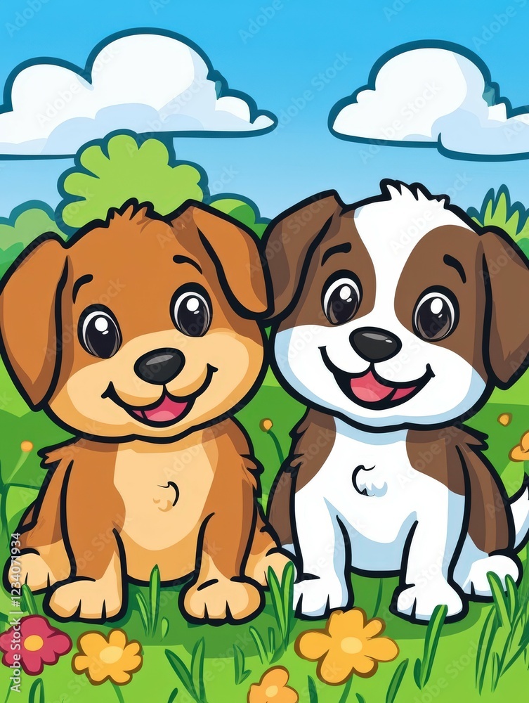 Two cheerful puppies playing in a sunny meadow Two cheerful puppies playing in a sunny meadow