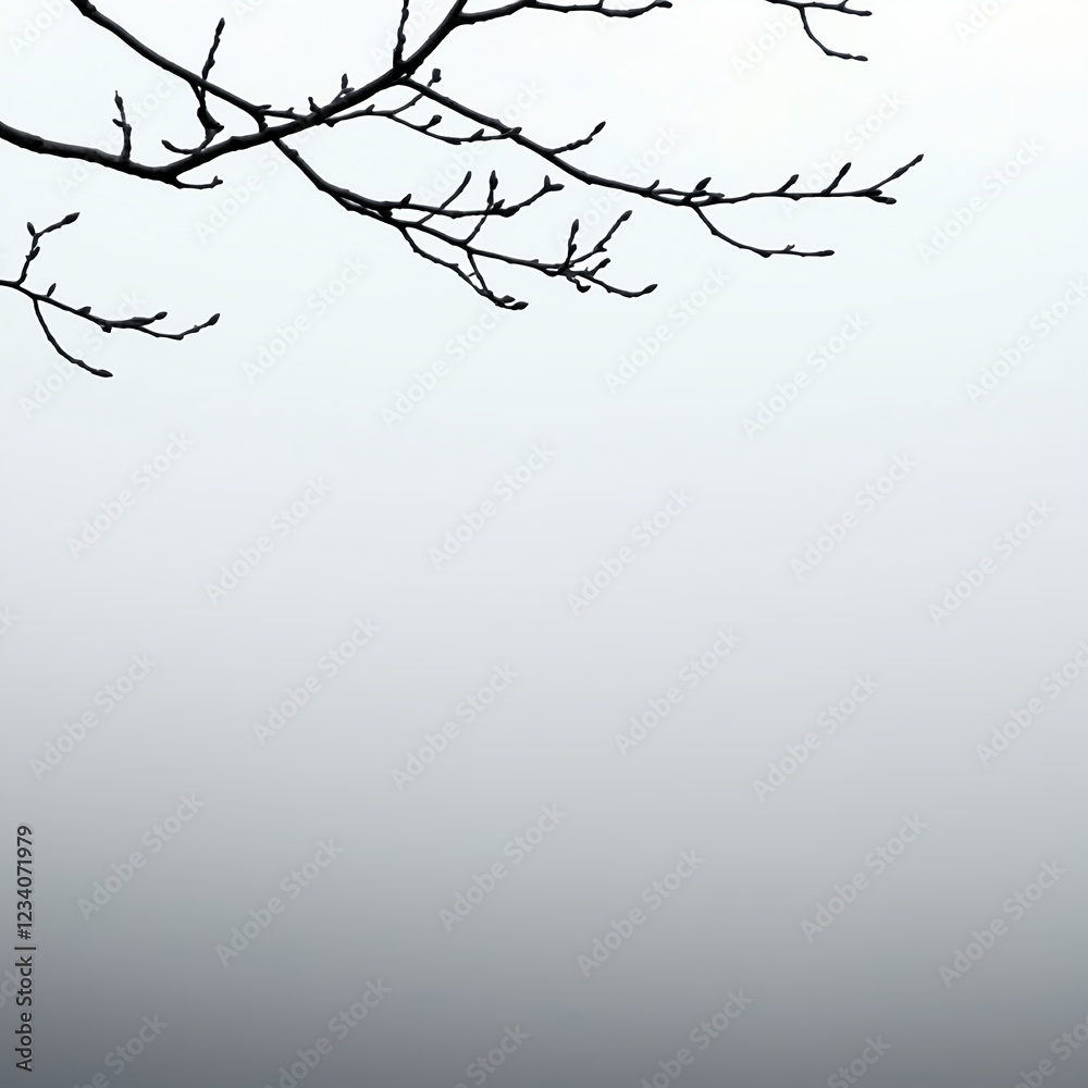 Obraz premium Bare Tree Branch Against a Foggy Grey Sky