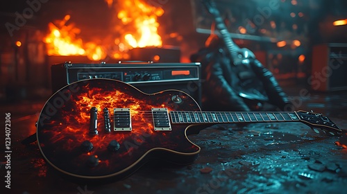 Fiery guitar rests near amp, fire background, music