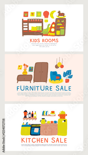 Interior cute hand drawn doodle composition, banner with books, toys, rocket, bed, pillow, blanket, wall pictures, rabbit, flower, chicken. Modern flat apartment children room elements