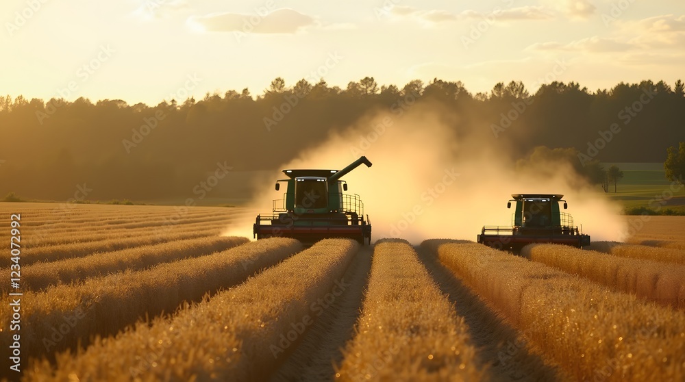 Fototapeta premium combine harvester working on a field. Dust in the field from the combine during the collection of whole grain crops.