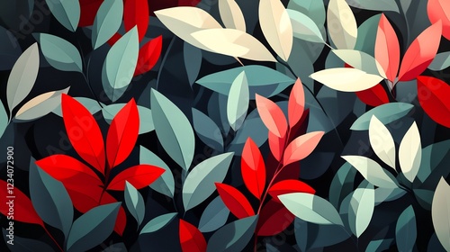 Wallpaper Mural Red and teal leaves subtly layered create a vibrant autumnal pattern. AI Generated Torontodigital.ca