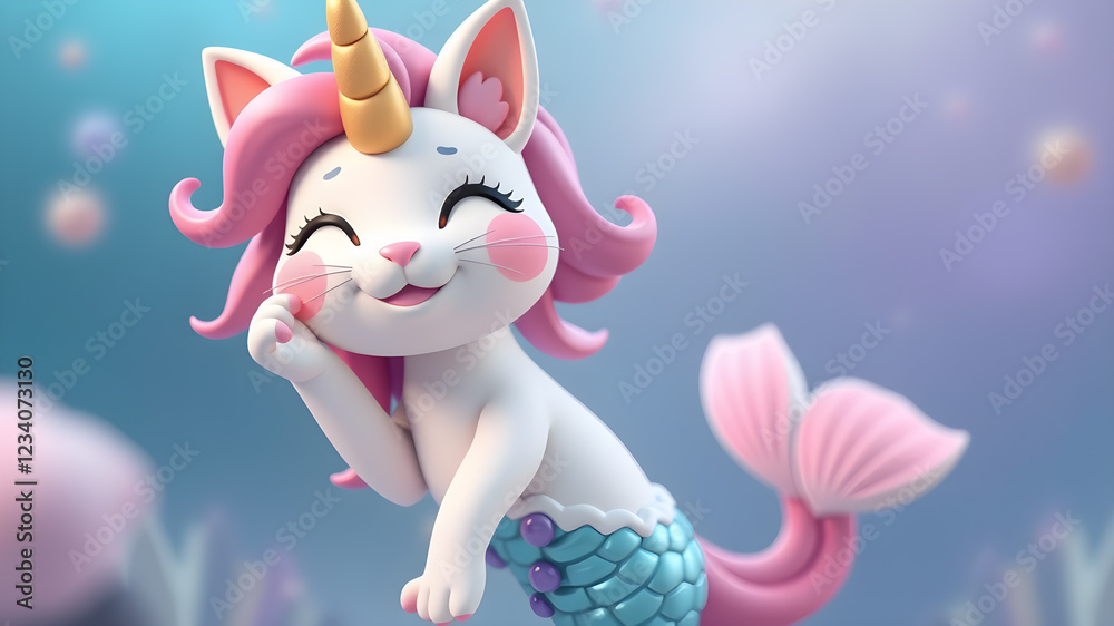 Fototapeta premium Cute character 3D image of mermaid caticorn, smiling and wawing his paw. Generative AI