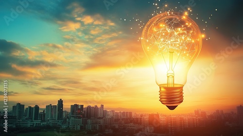 Glowing Idea Bulb over City Sunset