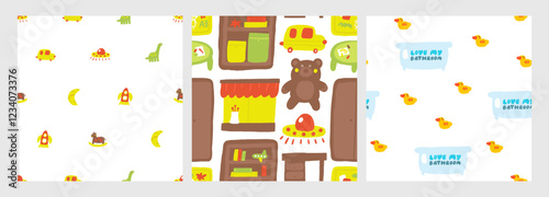 Interior seamless patterns set. Cute hand drawn doodle house furniture inside items repeatable pattern with obed, wooden toy, wardrobe, cabinet, car toy, cactus, window, curtains, book cabinet. Modern