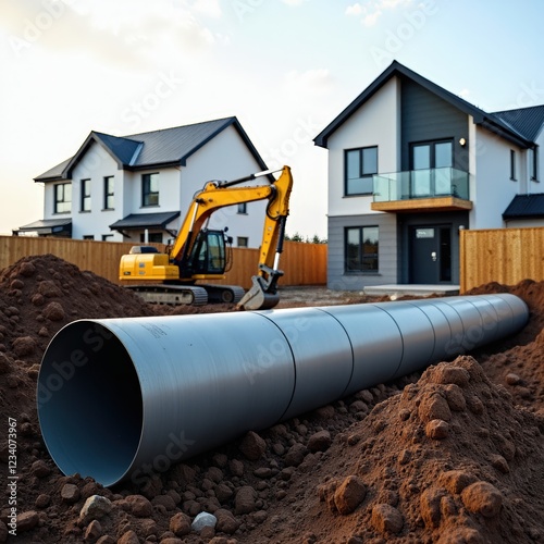 Large pipe installation at a new housing development.  Excavator prepares the ground for utility infrastructure.