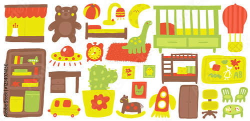 Children room interior objects set. Cute hand drawn doodle house kids furniture, bed, wooden toy, lamp, moon, space ship, alien, dinosaur toy, teddy bear, ball, car, horse, table, wall picture, cactus