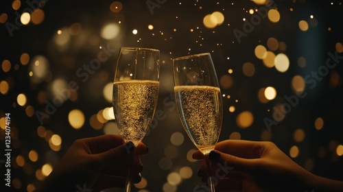 Two champagne glasses clinking in a toast, celebrating joy and connection.