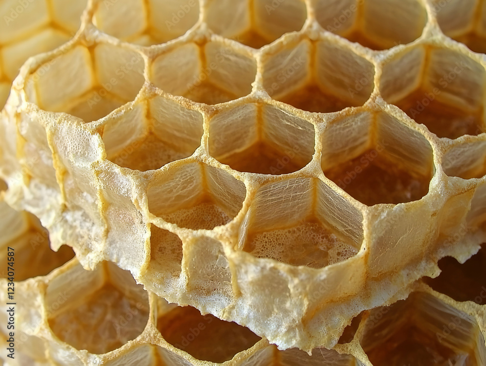 Honeycomb close-up, beeswax texture, golden hue, natural background, food industry use Honeycomb close-up, beeswax texture, golden hue, natural background, food industry use