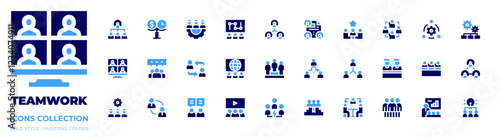 Teamwork icon collection. Bold style. Duotone colors. teamwork, network, presentation, budget, hierarchy structure, videocall, planning, productivity