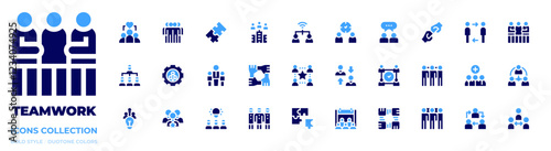 Teamwork icon collection. Bold style. Duotone colors. togetherness, teamwork, networking, puzzle, time management, hierarchy, team, interpersonal, corporate