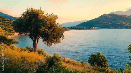 A quiet evening in Peloponnese, Greece, with warm light reflecting on the sea and hills, symbolizing Feierabend relaxation, isolated on a white background photo