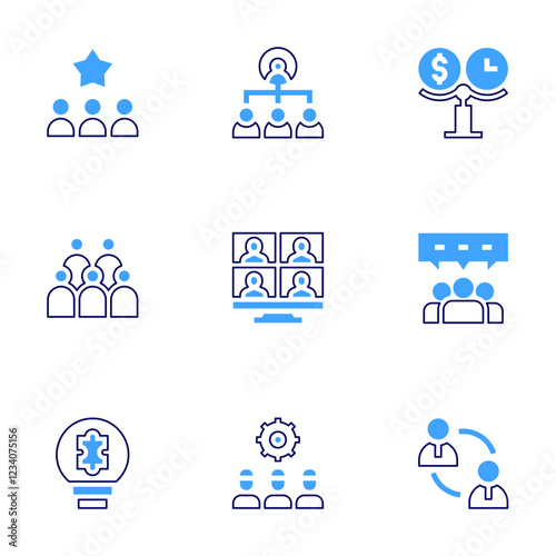 Teamwork icon set. Bold line style. Duotone colors. Editable stroke. teamwork, crowd, idea, team, budget, hierarchy structure, videocall