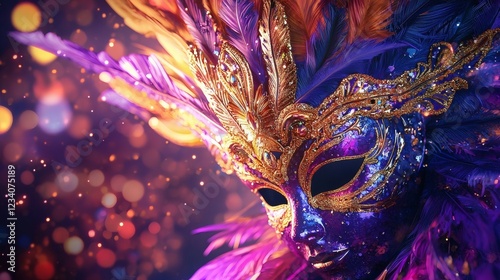 Ornate Venetian Mask: A Majestic Purple and Gold Carnival Design photo