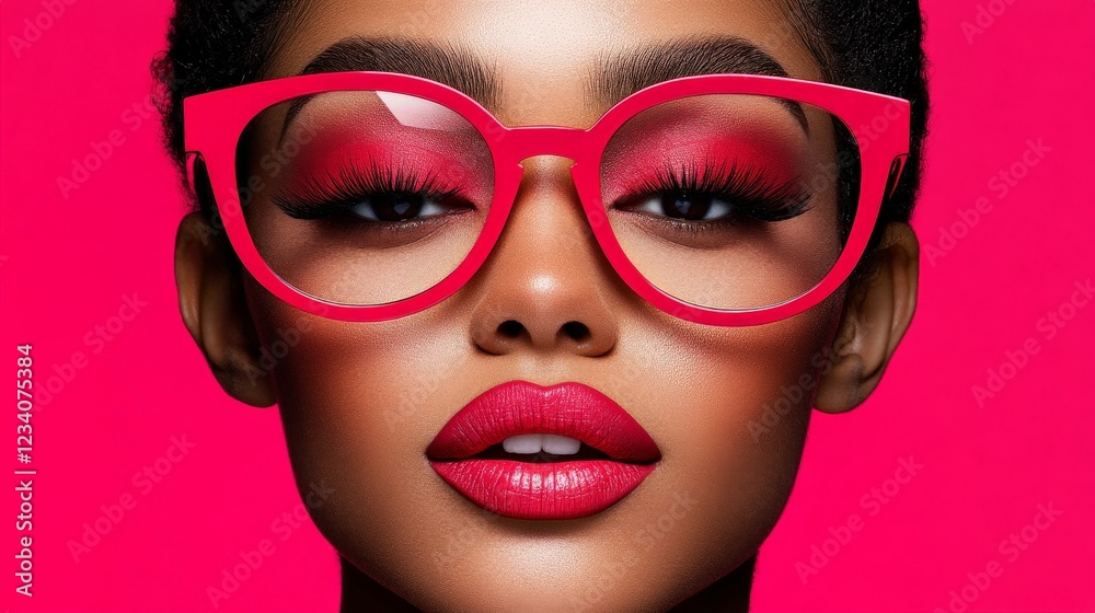 Bold and Beautiful: A close-up portrait of a woman of color, radiating confidence and style with her bold red lipstick, matching oversized glasses, and radiant skin. Bold and Beautiful: A close-up portrait of a woman of color, radiating confidence and style with her bold red lipstick, matching oversized glasses, and radiant skin.