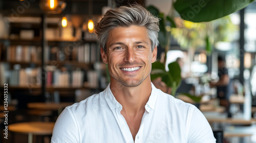 smiling man with light hair in casual white shirt, sitting in modern cafe with warm atmosphere. background features plants and wooden furniture, creating relaxed vibe
