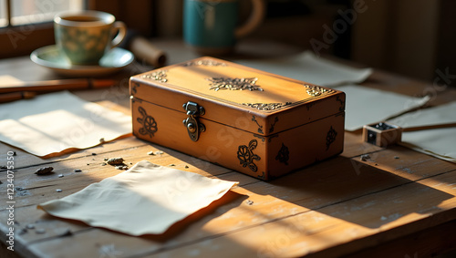 Wooden Pencil Box with a Worn Honey-Brown Finish Sitting on a Desk PNG photo