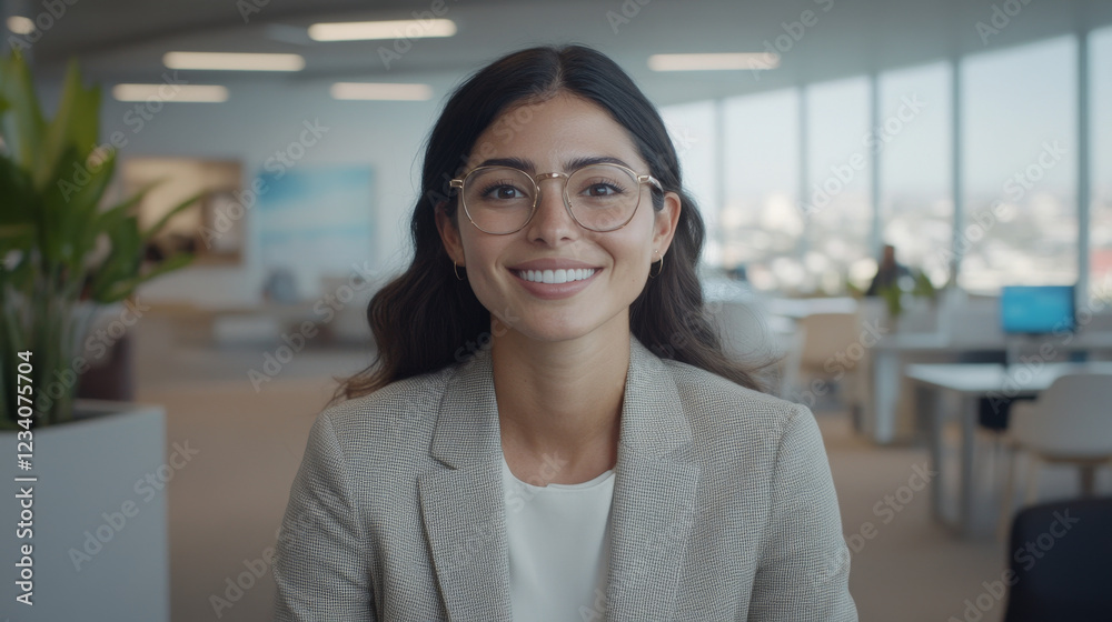 smiling woman in professional setting, wearing glasses and blazer, exudes confidence and approachability. modern office background features large windows and greenery, creating bright atmosphere