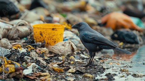 Cotinga bird standing near garbage in a wide angle shot highlighting environmental concerns and pollution