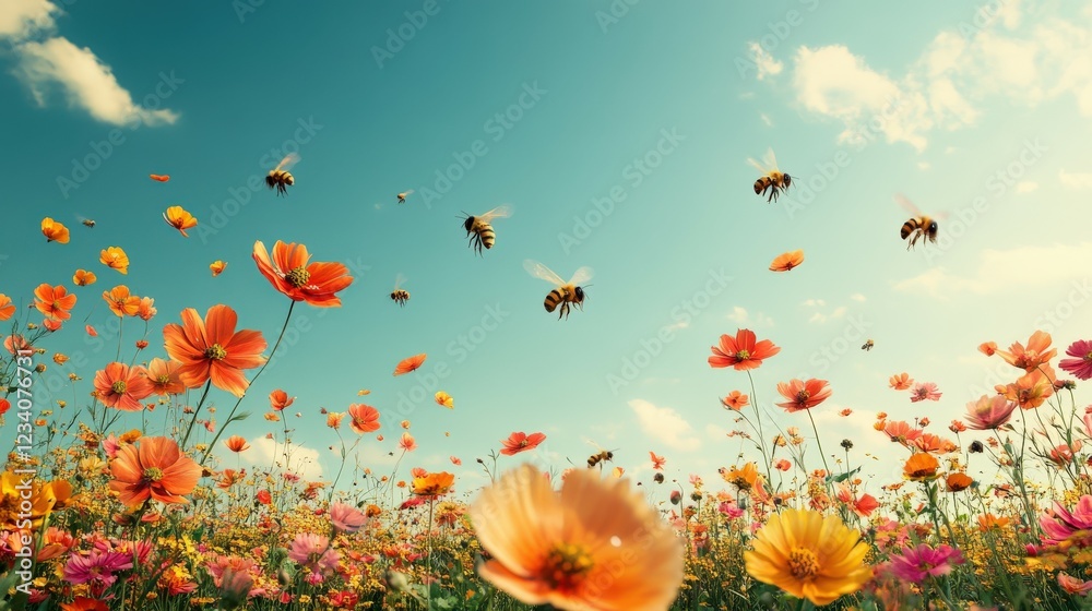 Bees pollinating flowers in a vibrant spring meadow Bees pollinating flowers in a vibrant spring meadow