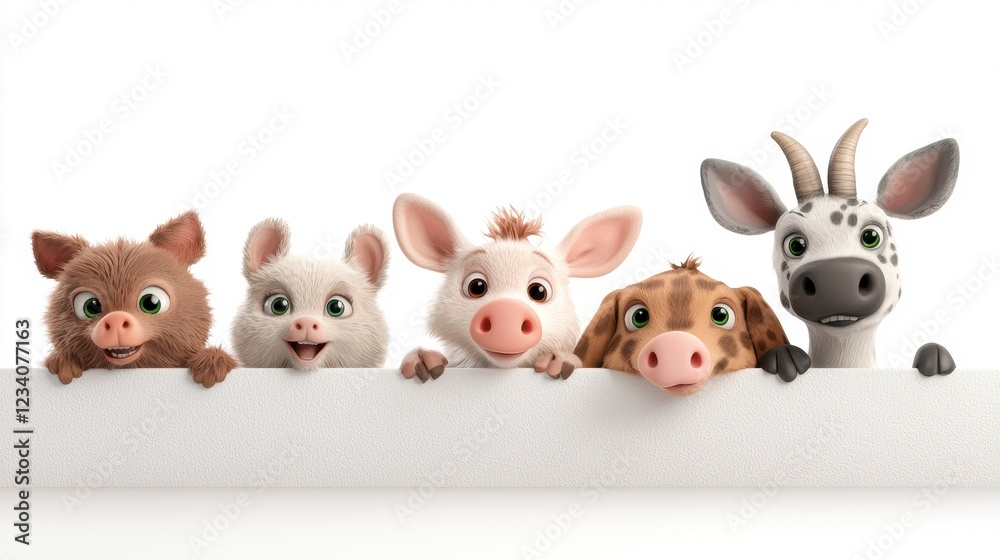 Fototapeta premium Adorable Cartoon Farm Animals Peeking Over a White Wall: A Charming and Whimsical Illustration Perfect for Children's Products