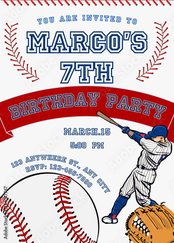 Birthday party invitation template with baseball vector illustration. Birthday boy invitation card design.