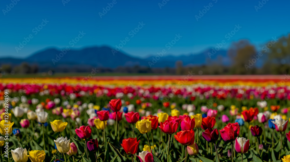 A field of colorful tulips with mountains in the background A field of colorful tulips with mountains in the background
