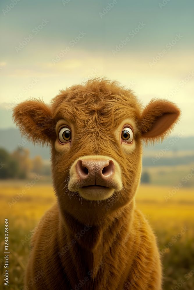 A brown cow with big eyes looking at the camera A brown cow with big eyes looking at the camera