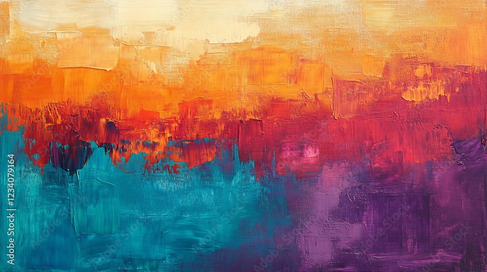 Fototapeta premium Vibrant Abstract Painting Warm Hues Teal Purple Landscape. AI Generated