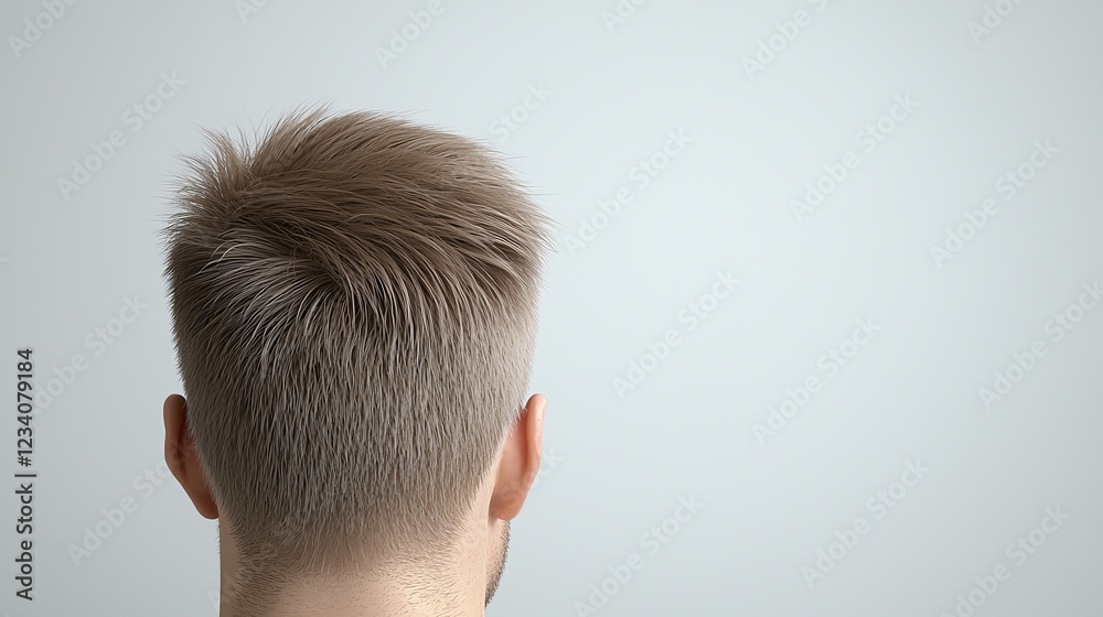Obraz premium Close-up of a person's short, styled haircut from the back against a plain background.