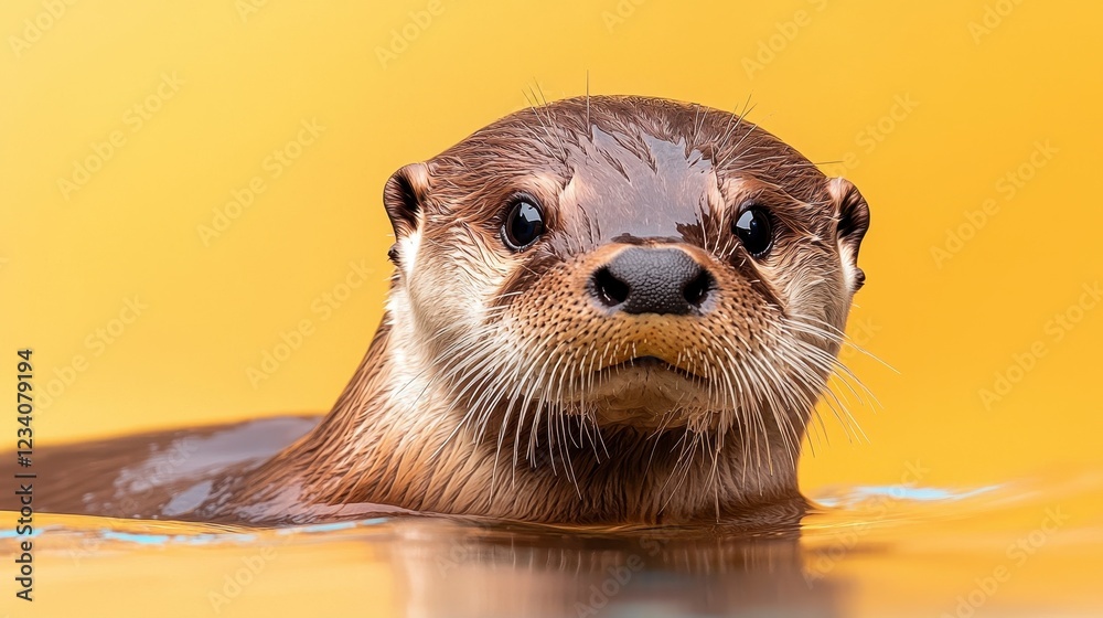 Curious Otter Portrait: Close-up of a Wet Otter with Dark Eyes Against a Yellow Background Curious Otter Portrait: Close-up of a Wet Otter with Dark Eyes Against a Yellow Background
