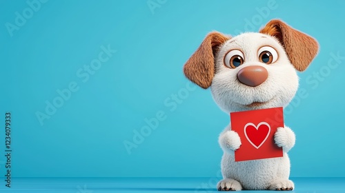 Adorable Brown Puppy Holding Red Heart Card Against Light Blue Background
