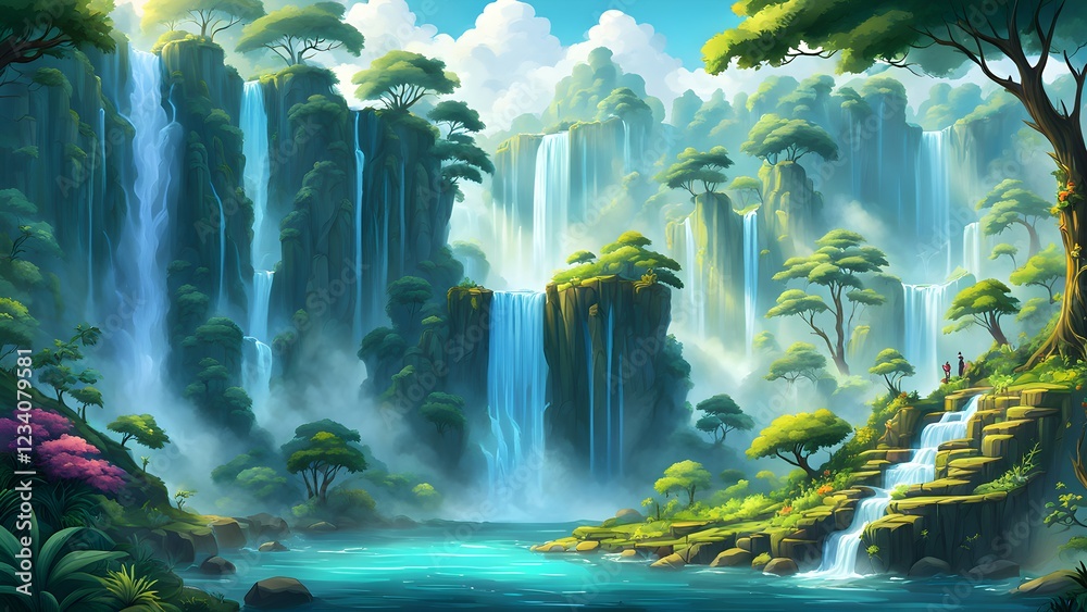 Lush, vibrant digital painting of multiple waterfalls cascading into a tranquil turquoise pool, surrounded by a misty jungle landscape with vibrant green trees and foliage. Lush, vibrant digital painting of multiple waterfalls cascading into a tranquil turquoise pool, surrounded by a misty jungle landscape with vibrant green trees and foliage.
