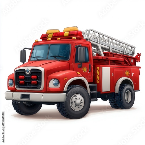 Detailed Red Firetruck With Ladder On White Background