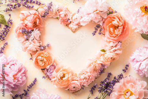 Romantic floral heart with delicate flowers on soft pink background, symbolizing love and elegance. Perfect for Mother s Day cards, wedding invitations, Valentine s designs, and heartfelt greetings