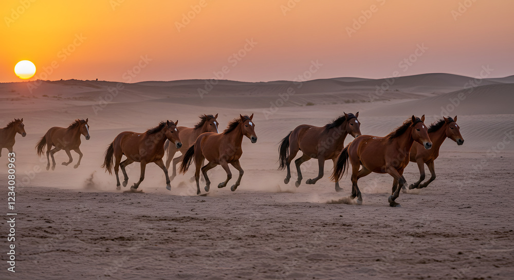 Fototapeta premium Line of Brown Horses Galloping Through the Desert Landscape PNG