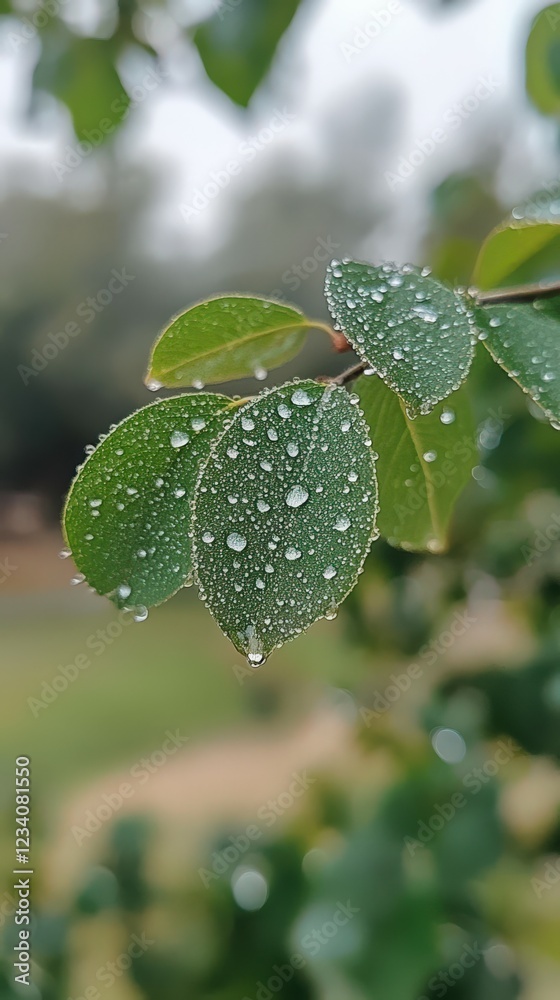 Close up of raindrops on green leaves in a garden Close up of raindrops on green leaves in a garden