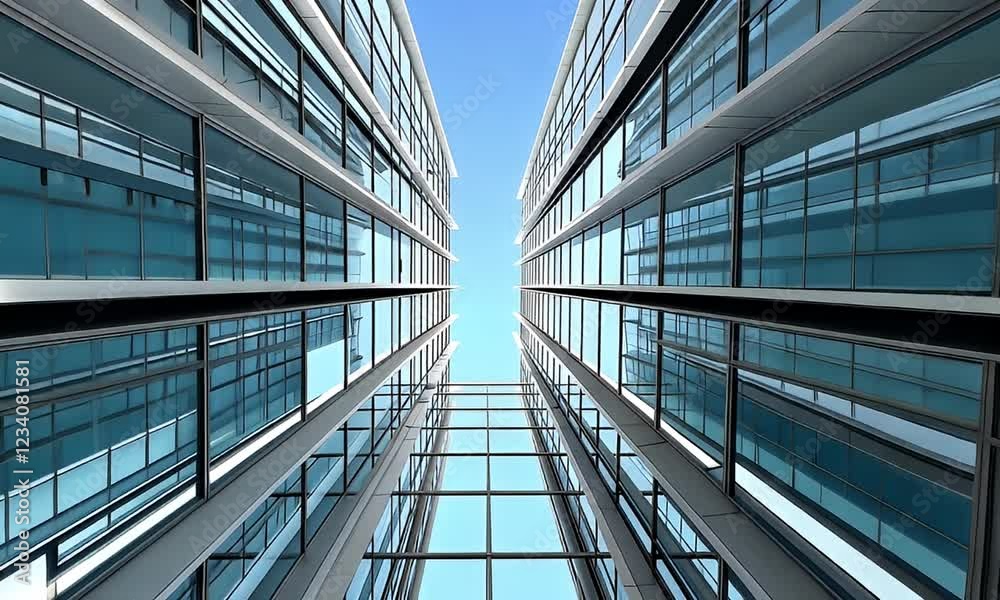 Modern glass buildings, city skyline, upward view, architectural design, real estate