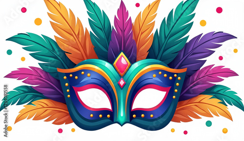 Carnival mask with feathers with colorful, Golden carnival mask, Venice carnival , 3d mask