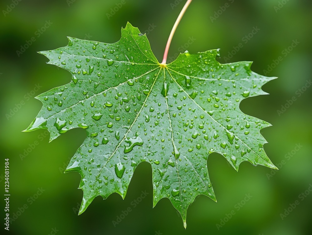 Fresh maple leaf with raindrops on a blurred green background Fresh maple leaf with raindrops on a blurred green background